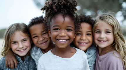 Obraz premium A diverse group of joyful children smiling together outdoors in bright natural light