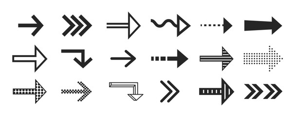 Different arrow signs set isolated on white background. Vector illustration of narrow direction signs with thin lines, triangle pointer, dotted design, navigation pointers kit, flat route symbols