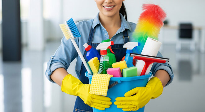 Smiling woman holding a bucket filled with cleaning supplies, ready to clean.