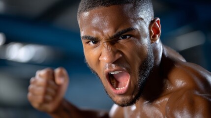 A man with a fist clenched and a mouth open, looking angry