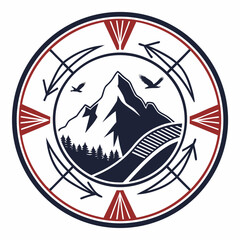 Circular emblem showcasing a majestic mountain range with eagles soaring above, surrounded by stylized arrows and geometric patterns, creating a vintage outdoor adventure theme