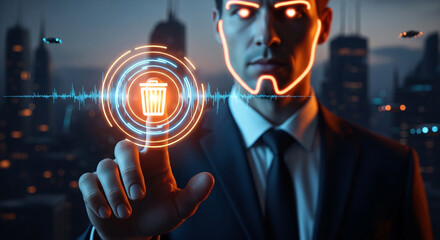 A futuristic businessman interacts with a glowing digital interface, selecting a trash icon.