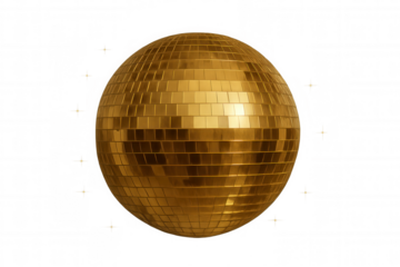 Golden mirrorball reflecting light, symbolizing celebration, party, luxury, and festive entertainment on transparent background