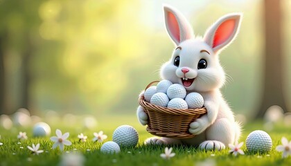 Description (up to 200 characters):
Friendly Easter Bunny holding a woven basket overflowing with golf balls, surrounded by spring flowers. for Easter golf events, spring promotions, copy space