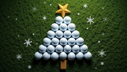 golf balls are arranged in the shape of a Christmas tree on green turf, topped with a golden star and surrounded by snowflakes. for holiday sports ads, golf club promotions, Christmas golf