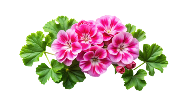 Beautiful arrangement of vibrant pink geranium flowers with lush green leaves