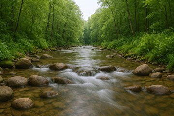 Fototapeta premium Serene River Flowing Through Lush Green Forest, Featuring Rocks and Abundant Foliage, Ideal for Nature and Landscape Projects