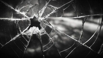 Dramatic Close-Up of Shattered Glass Surface with a Central Impact Point in Black and White