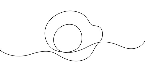 Continuous one line drawing of fried egg, World egg day simple web banner, background, Modern one line design vector graphic illustration, Vector illustration of Fried egg with runny yolk.