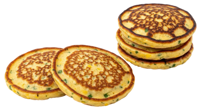 Isolated stack of fresh homemade cornmeal pancakes or corn fritters for breakfast snack