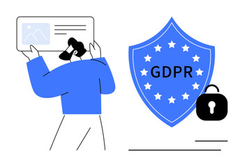 Individual analyzing data on screen next to shield marked GDPR and lock. Ideal for privacy, security, data protection, regulation, compliance, digital safety, risk management. Simple flat metaphor