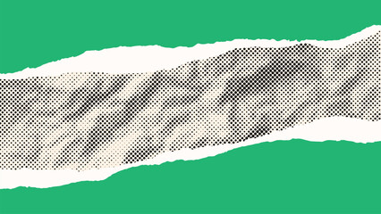 Vintage background with comic halftone dotted crumpled paper. Realistic torn page with uneven edges. Green cool banner. Funny template for presentation, layout, collage. Vector EPS10