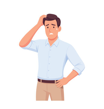 Confused young man scratching head with worried expression &mdash; stress, problem solving, doubt, decision making, puzzled expression, thinking, anxiety, mental health, flat vector character illustration.