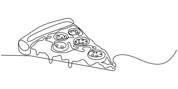 One line Drawing or illustration of slice of pizza with pepperoni and mushrooms, Continuous one line drawing of pizza slice, One line drawing illustration of italian pizza, Fast food, junk food pro.