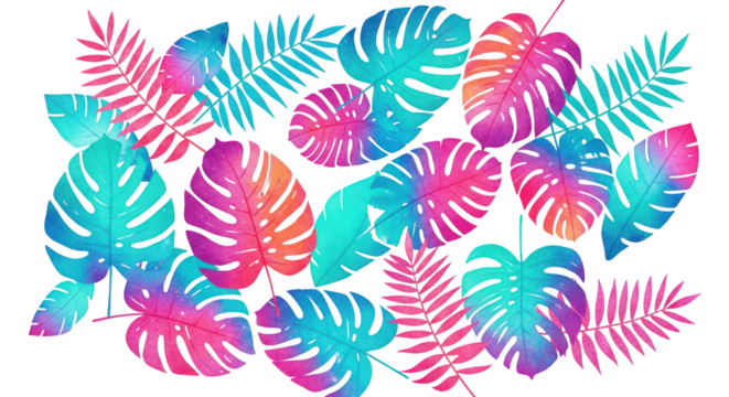 Tropical leaves pattern with vibrant colors isolated on transparent background