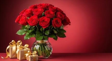 A beautiful bouquet of red roses in a glass vase with gifts on a red background, perfect for valentines day
