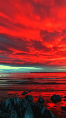 Dramatic red sunset paints the sky and ocean in fiery hues. Boats float peacefully on the horizon, witnessing the vibrant spectacle.