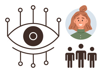 Eye with digital nodes symbolizing technology and surveillance, alongside a womans portrait and group of people. Ideal for identity, technology, AI ethics, privacy, data, teamwork, human connection