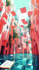 Surreal cityscape with floating books and tranquil turquoise water. Vibrant colors create a dreamy, imaginative scene.