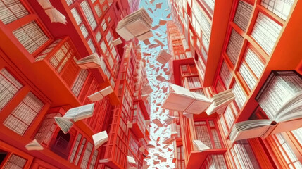 Abstract buildings frame a sky filled with flying books. Knowledge takes flight in this vibrant, imaginative scene.