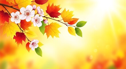 A branch of cherry blossoms and autumn leaves against a bright yellow background, symbolizing the change of seasons