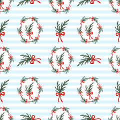 Spruce branches and wreaths with red bows on blue background, christmas seamless pattern.