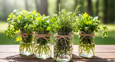 Fresh herbs in glass jars on a wooden table with a blurred green background in the sunlight