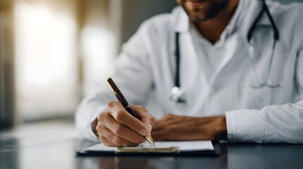 Doctor in white coat and stethoscope writing medical notes on patient chart in a bright clinic setting