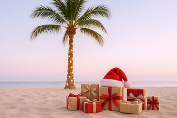 Obraz premium Tropical Christmas Celebration: Presents, Santa Hat, and Palm Tree on Sandy Beach at Sunset