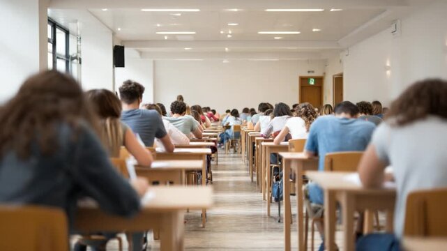 Exam Hall: A view of a large, bright exam hall filled with students diligently focused on their tests. Capture the ambiance of academic dedication and focus.