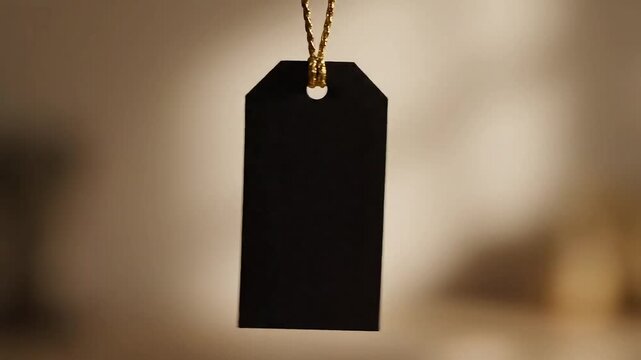 Elegant black gift tag with gold string hangs, ready for personalized messages, perfect for promotions, retail, or special occasions.