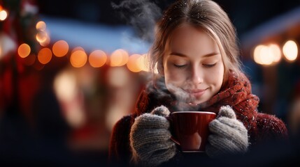 Fototapeta premium Christmas Cheer at New Year Market. A joyful woman enjoys a warm drink at a New Year’s market with atmosphere of holiday lights, Christmas decorations. 