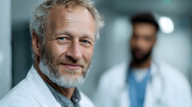 Senior doctor with a beard smiles in a hospital hallway with a blurred younger colleague in the background