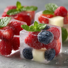 Frozen fruit cubes with raspberries, blueberries, and mint leaves.