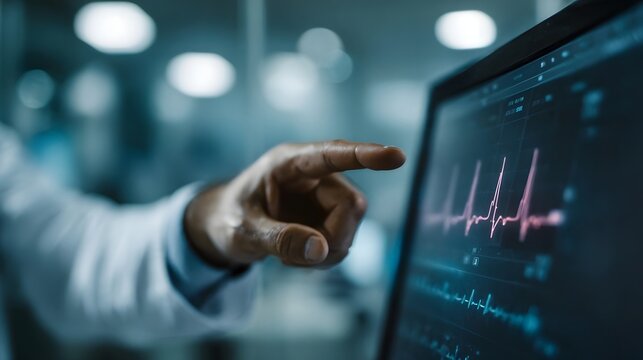 Medical professional analyzing heart rhythm waveform on a digital screen