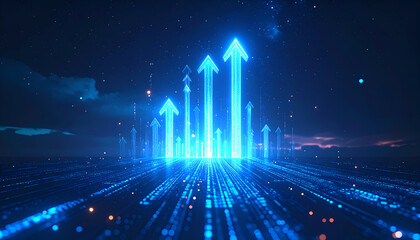 Futuristic digital growth chart with glowing blue arrows pointing upward, symbolizing success, progress, business growth, and data analytics on dark background.