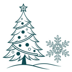 Illustration of a christmas tree and snowflake festive design element for holiday season winter holiday decoration with star, balls, and snow