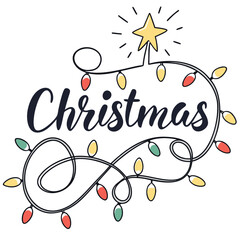 Christmas lettering with light bulb festive design element for holiday season, greeting card, invitation, banner, poster, and decoration