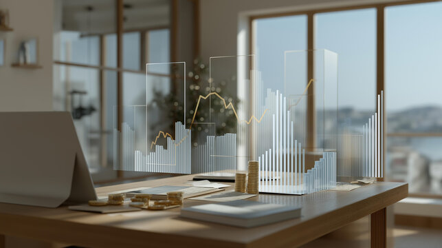 Modern office with AI-generated 3D charts of pension funds, market trends, and asset growth floating above a desk, symbolizing retirement fund planning, technology-assisted decisions, and