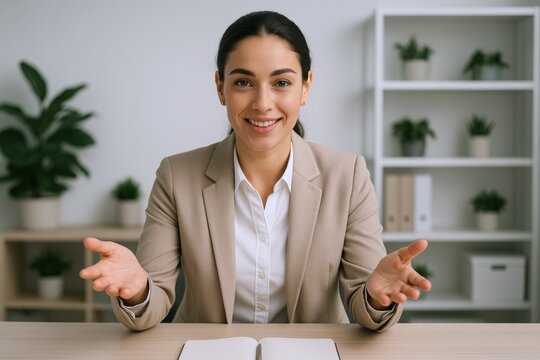 Confident Businesswoman Engages in a Virtual Meeting from Home Office, Smiling and Gesturing Positively