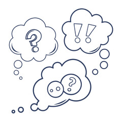 Illustration of three thought bubbles with a question mark, exclamation points, and two faces with a question mark, symbolizing thinking and ideas