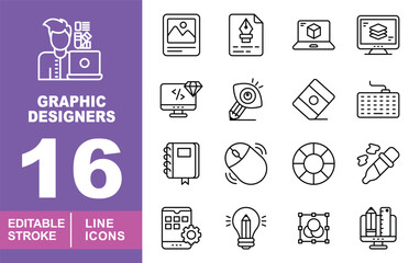 Designer set of web icons in line style. Containing Graphic, Code, Mouse, Book, Pencil, USB, Scissor, Monitor and more. Editable stroke icons collection.