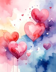 Watercolor hearts floating on abstract colorful background