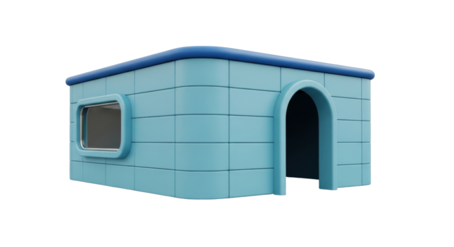 Isolated stylized cartoon dog house or kennel made of blue blocks with dark blue trim