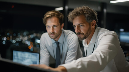 Security professionals testing communication protocol on encrypted devices, symbolizing safety, cyber resilience, and protective measures within modern digital infrastructures. three-quarter wide