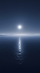 Bright sun starburst illuminates the calm ocean creating a path of light. Serene blue water surface extends towards the horizon.