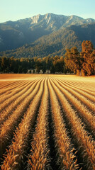 Golden wheat field rows stretch to distant mountains. Beautiful farmland landscape bathed in warm sunlight.
