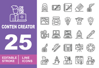 Creator set of web icons in line style. Containing Mobile, Picture, Camera, Laptop, Paper, Artboard, Browser, Pencil, Ink, Rocket and more. Editable stroke icons collection.
