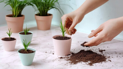 Hands fill small pots with soil, planting young green seedlings indoors. A cozy scene of nurturing new life.