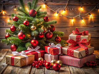 Closeup of a small christmas tree adorned with red ornaments and surrounded by wrapped gifts on a wooden surface